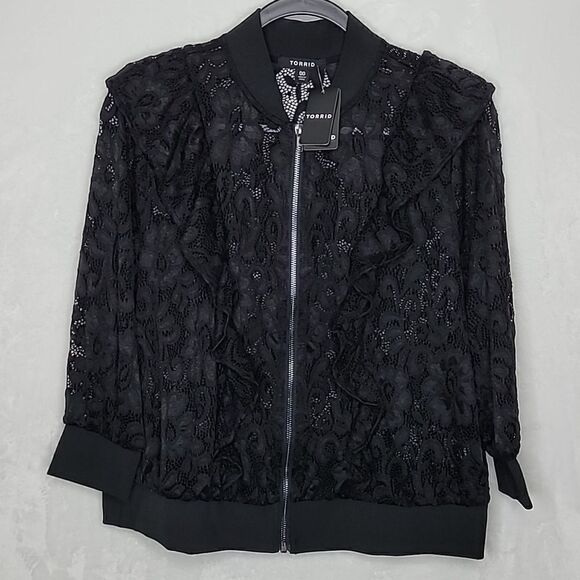 TORRID Long Sleeve Ruffle Lace Bomber Black Size 00 M/L - Picture 1 of 6